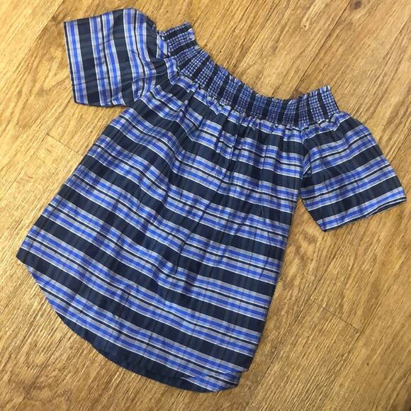 J. Crew Blue, Pink, and White Plaid Off Shoulder Silk Blouse Size 00 / XXS - Picture 4 of 9